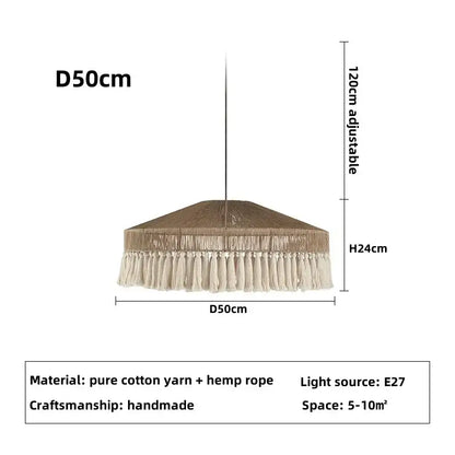 Handmade rattan pendant light with beige and cream fringe made of cotton yarn and hemp rope for dining room pendant lights