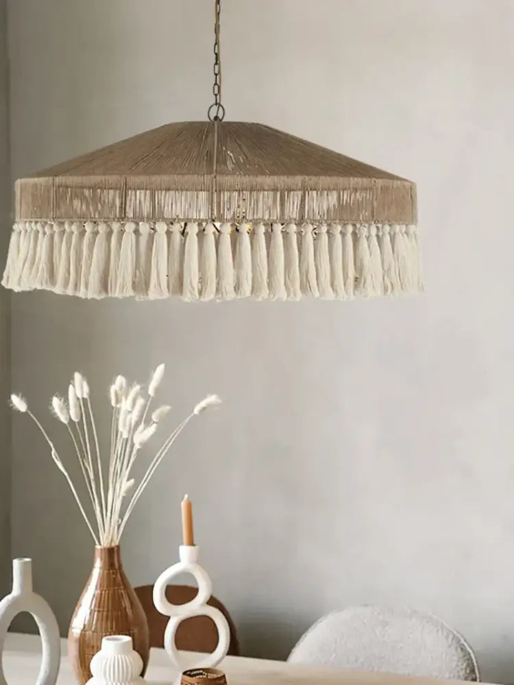 Beige decorbites handmade rattan pendant light with cream tassel fringe ideal for dining room pendant lights decor