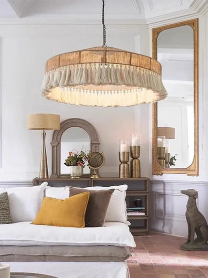 Handmade rattan pendant light with woven wicker frame cream tassels decorbites pendant lights for dining room decor
