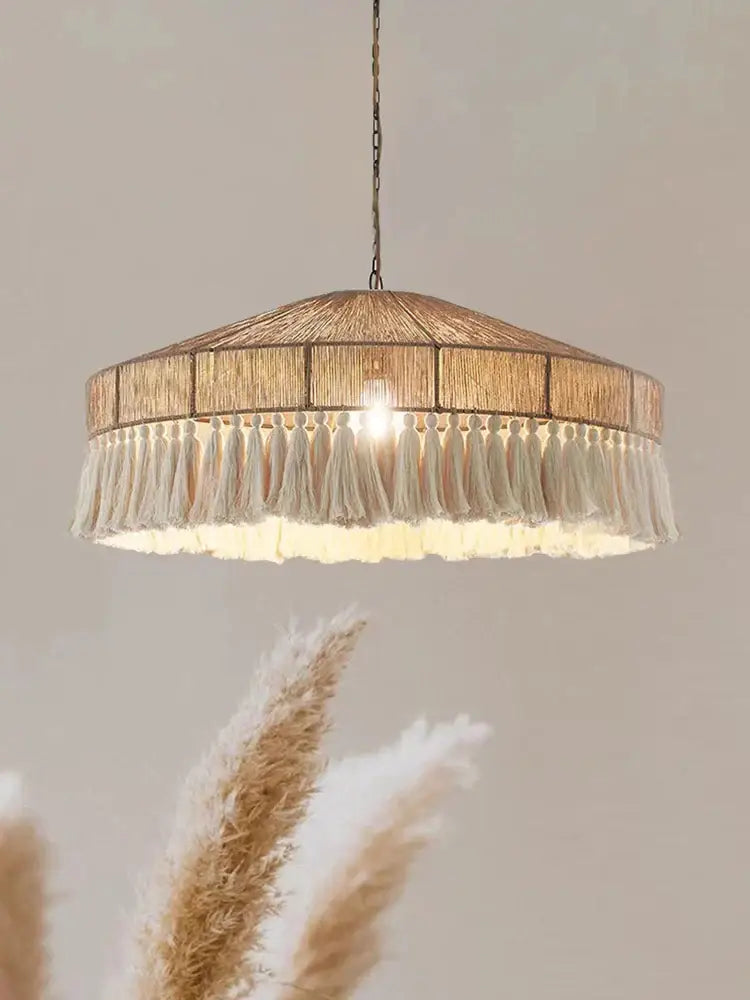 Handmade rattan pendant light with cream tassel fringe warm-toned decorbites pendant lights for dining room decor