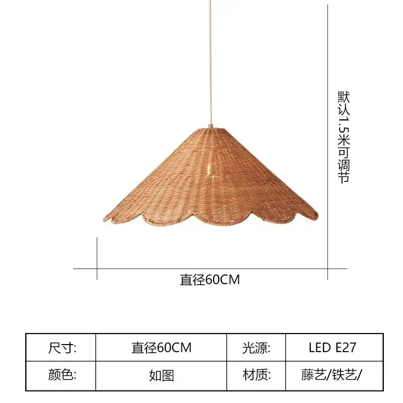 Handmade warm-toned rattan pendant lamp with scalloped edge and iron hardware ideal for dining room lighting