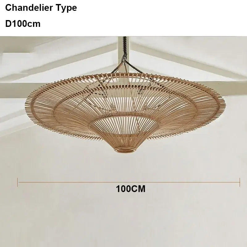 Handmade rattan wicker chandelier by decorbites with natural beige bamboo fan design 100cm diameter for dining room decor