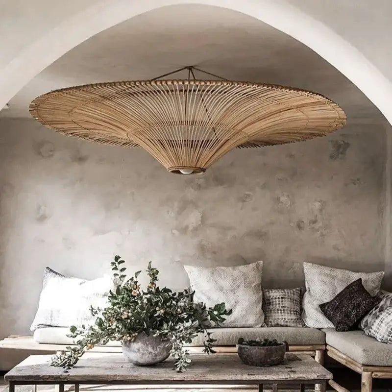Handmade rattan wicker chandelier in natural beige with a light brown woven bamboo pendant lamp for dining room decorbites