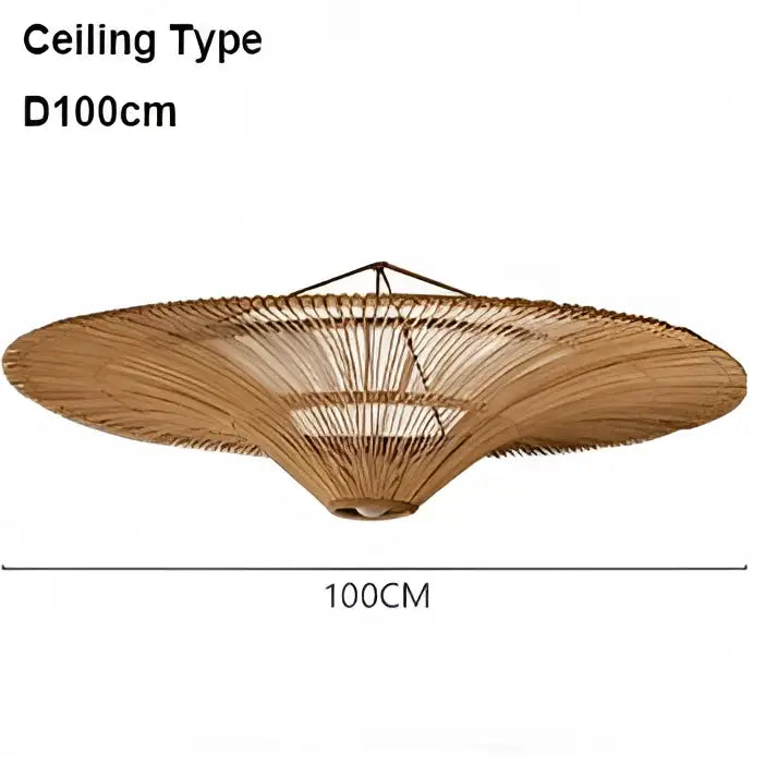 A large circular wicker chandelier with natural beige handmade rattan woven frame and shallow canopy design