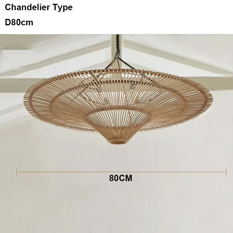 Handmade rattan wicker chandelier decorbites with a large natural-toned bamboo tiered design 80cm diameter beige pendant