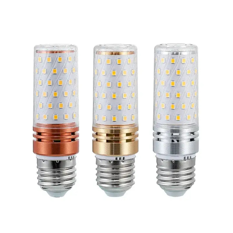 Three corn-shaped led light bulbs with metallic bases next to a natural beige decorbites handmade rattan wicker chandelier