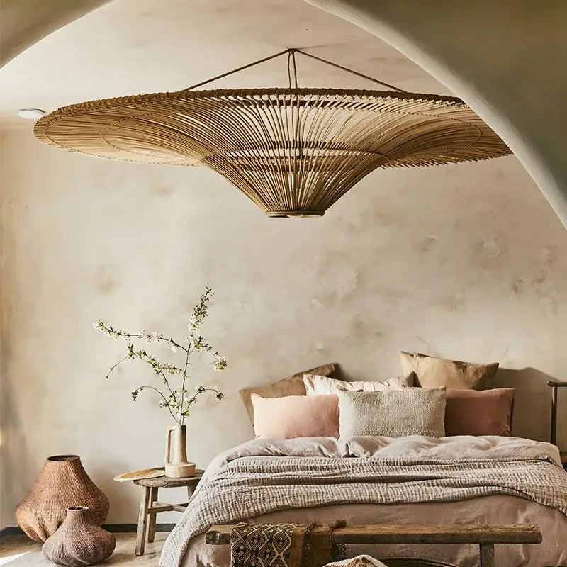 Handmade rattan wicker pendant light in warm beige with woven fan-like design for dining room decorbites wicker chandelier