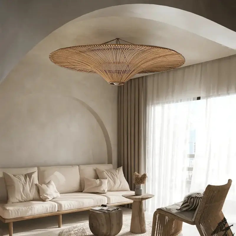 Handmade rattan wicker chandelier natural beige woven bamboo strips large circular pendant for dining room decorbites