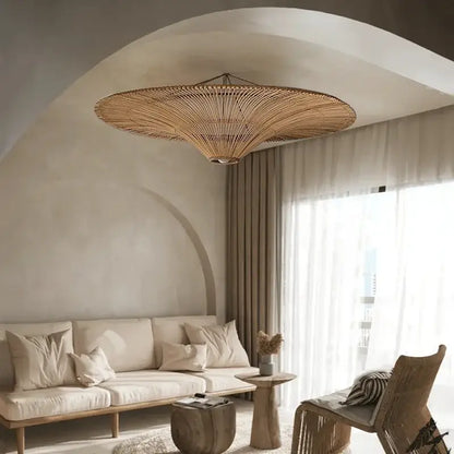 Handmade rattan wicker chandelier natural beige woven bamboo strips large circular pendant for dining room decorbites
