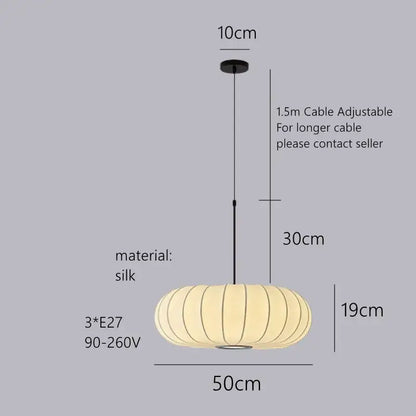 Beige handmade silk pumpkin pendant light with segmented ribbed design and black adjustable cable for dining room decorbites handmade silk