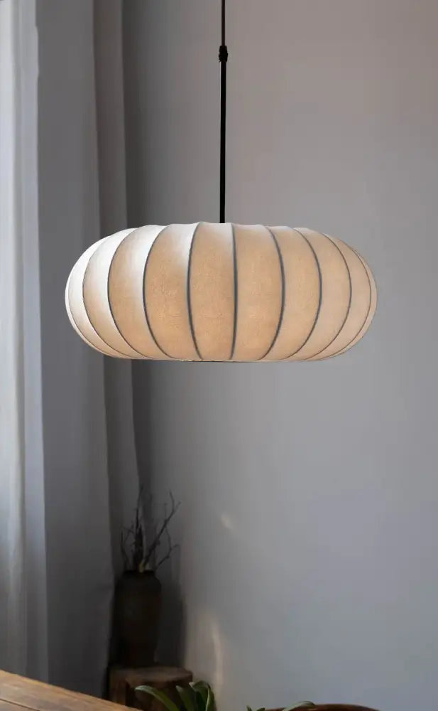 Beige ribbed decorbites handmade silk pumpkin pendant light with soft glow and black cord for dining room decor