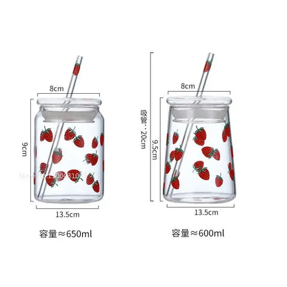 Handmade pink glass cup set with strawberry pattern decorbites glass cup includes matching straw and lid in two sizes