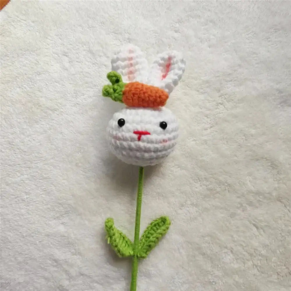 Handmade sunflower bouquet crochet bunny ornament white with black eyes red nose and orange carrot decor