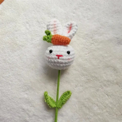 Handmade sunflower bouquet crochet bunny ornament white with black eyes red nose and orange carrot decor