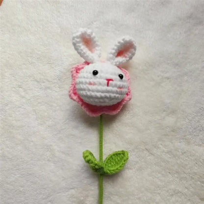Handmade sunflower bouquet crochet bunny ornament with white flower pink petals and green stem for bedroom decor