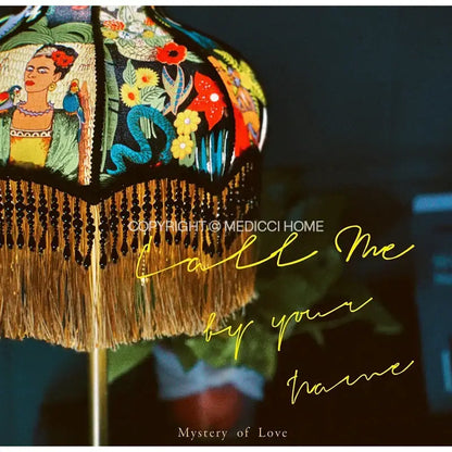 Handmade vintage jungle lampshade featuring vibrant frida kahlo and tropical motifs with gold fringe decorbites handmade vintage