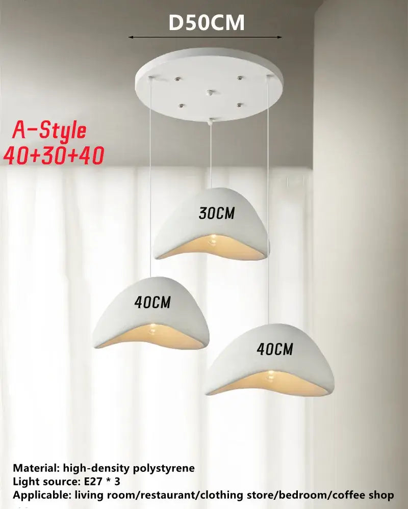 Modern white decorbites handmade wabi trio pendant light with three curved shell-shaped high-density polystyrene shades