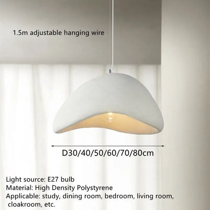 White dome-shaped pendant lamp made of high density polystyrene with matte finish and adjustable hanging wire decorbites handmade wabi sabi