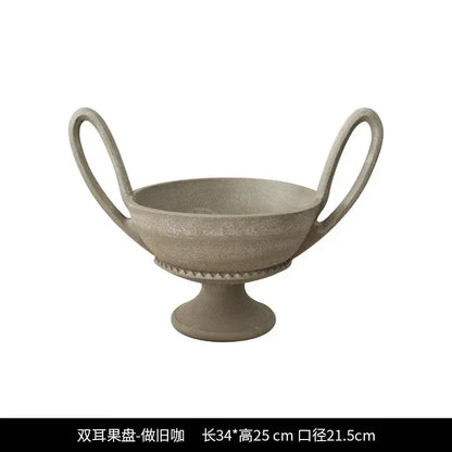 Handmade gray stone pedestal bowl with textured distressed finish and beaded rim as a flower vase retro decorative jar