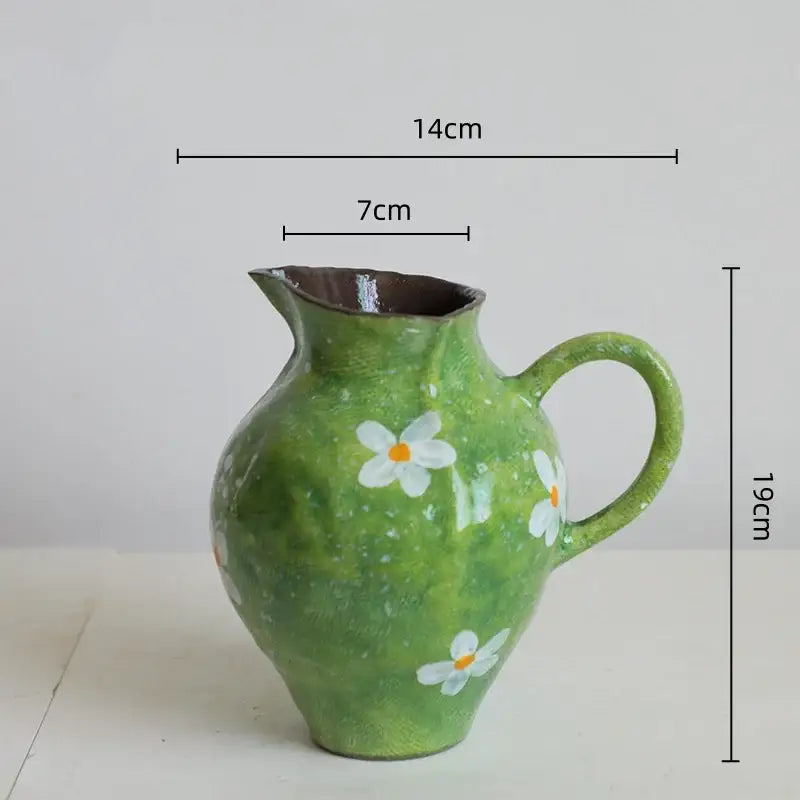 Hand-painted green ceramic flower vase retro with white daisies and rustic texture for living room decor