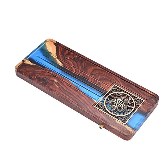 Handmade rectangular wooden tea tray with glossy reddish-brown grain and blue resin channel for bubble tea table use