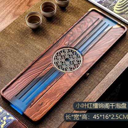 Handmade wooden tea tray with dark brown grain and blue resin inlays designed for bubble tea table use