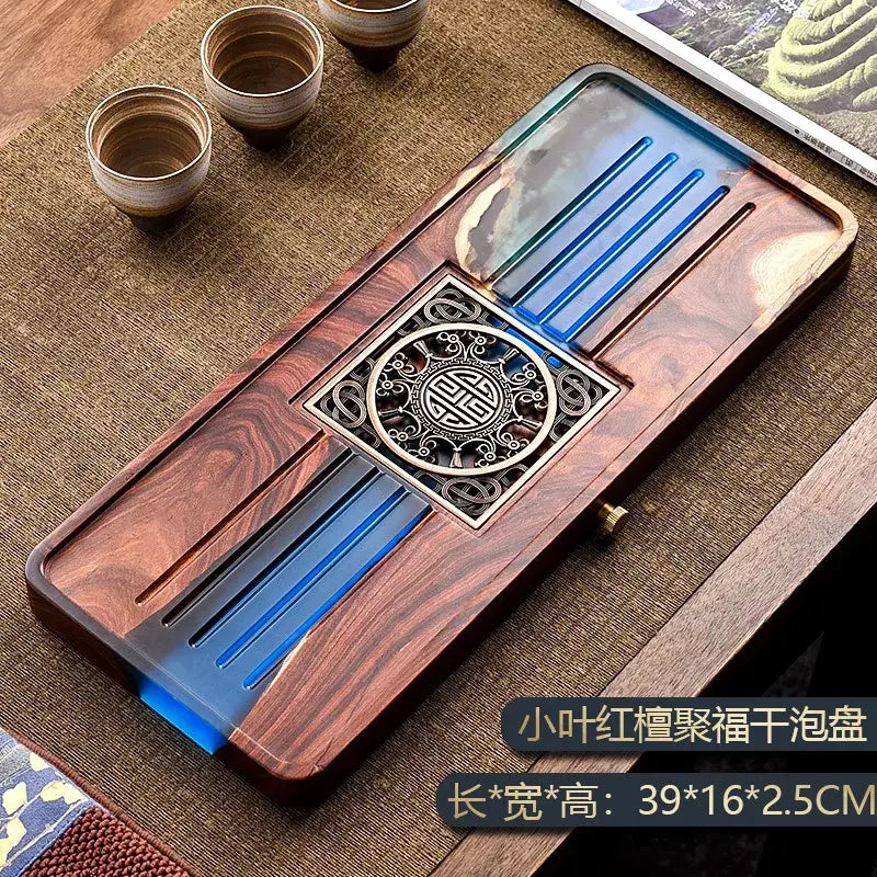 Handmade rectangular wooden tea tray with dark brown finish and blue resin inlay for bubble tea table use