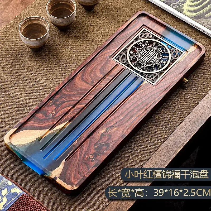 Handmade rectangular wooden tea tray with dark reddish-brown grain and blue resin for bubble tea table use
