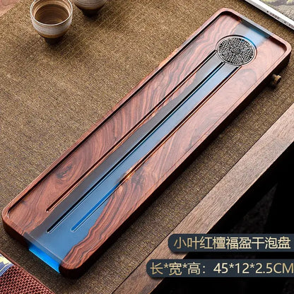 Handmade wooden tea tray with dark reddish-brown finish and blue resin channels for bubble tea table use