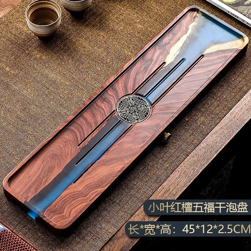 Handmade rectangular wooden tea tray with reddish brown finish, central grooves, and ornate inlay for bubble tea table use