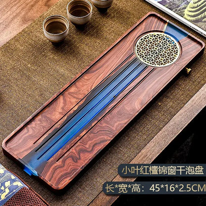 Handmade wooden tea tray with dark reddish finish, blue resin inlays, and brass lattice for bubble tea table use