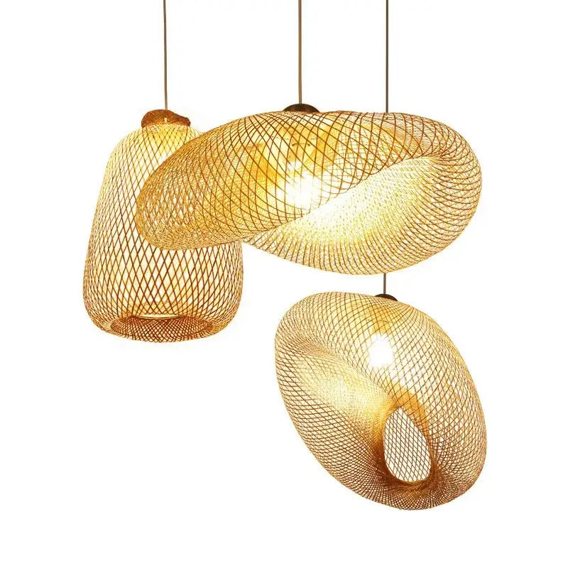 Handmade golden woven bamboo chandelier with organic flowing shapes for dining room decorbites bamboo chandelier