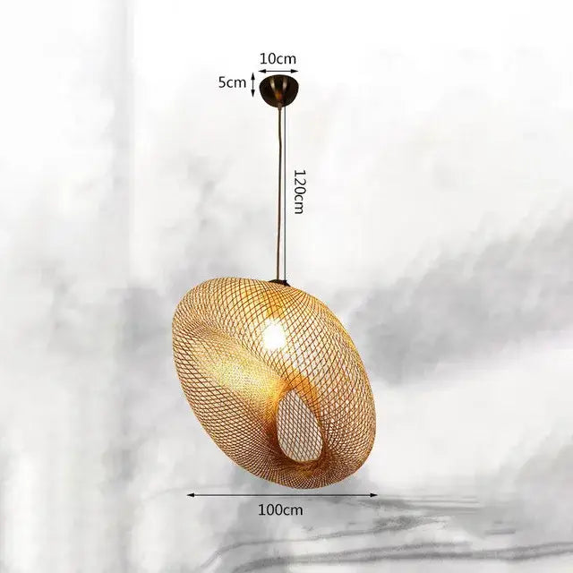 Handmade woven decorbites bamboo chandelier with golden mesh pendant light and warm glow for dining room lighting