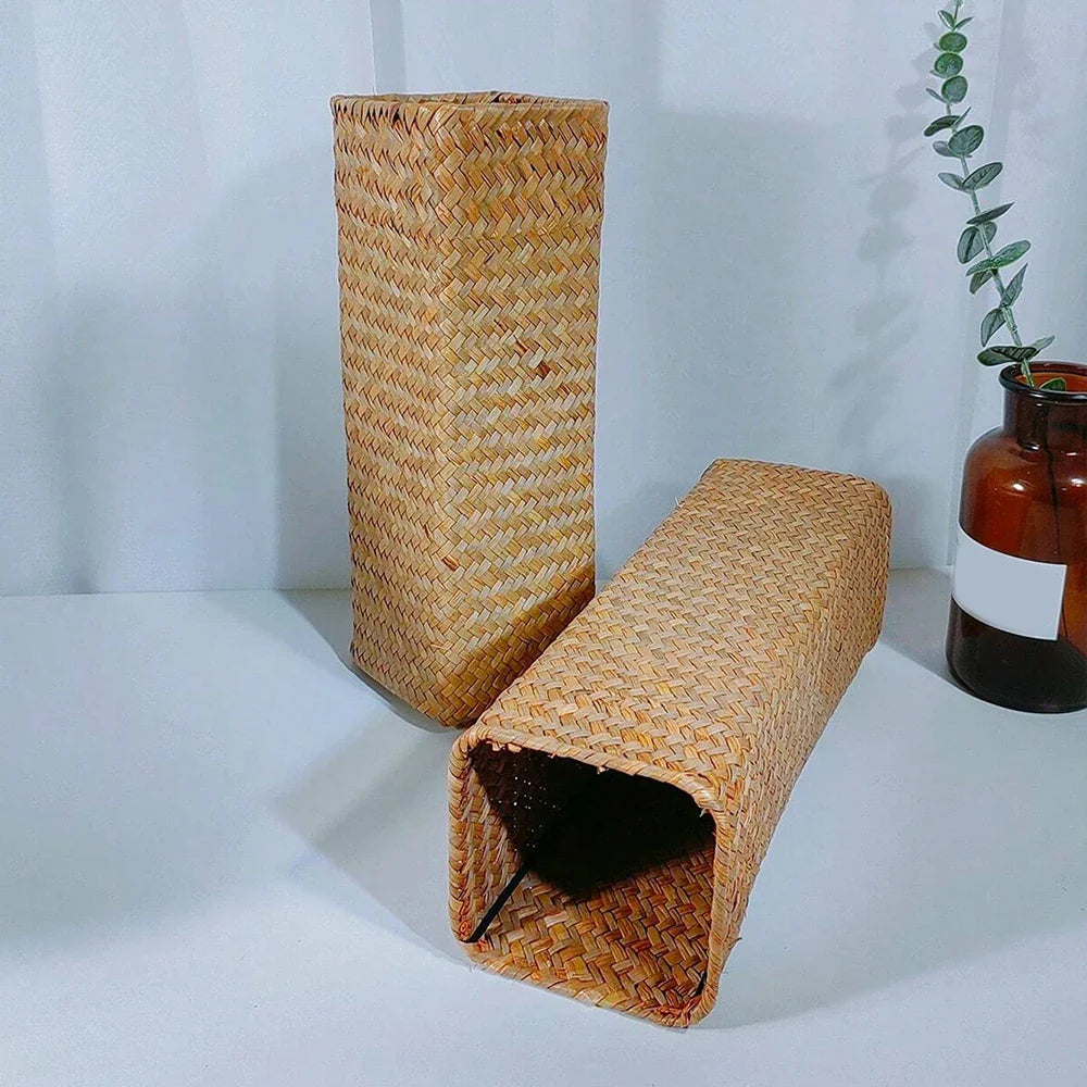 Handmade natural woven straw umbrella stand with rectangular tall design and textured pattern for home decoration