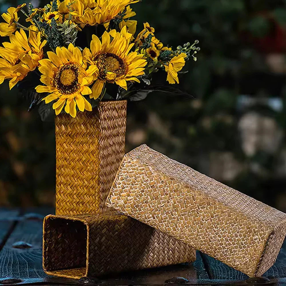 Handmade tall rectangular woven straw vase with matching lid and base for gypsophila dried flower arrangement