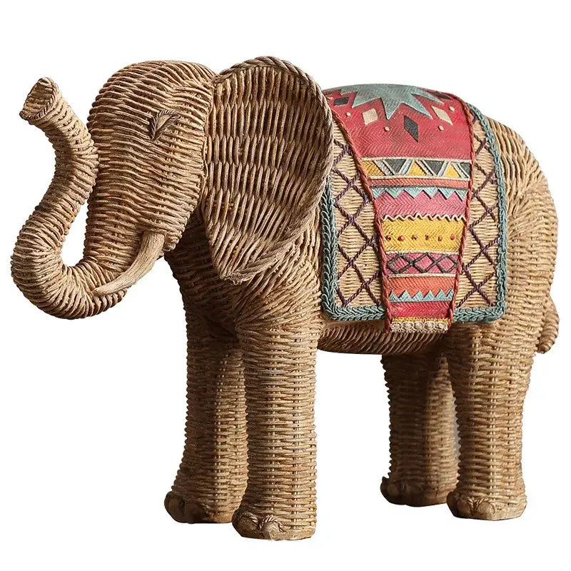 Handpainted woven rattan decorbites elephant resin figurine with colorful geometric saddle for living room decor