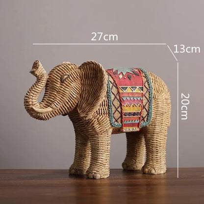 Handwoven wicker decorbites elephant resin figurine with colorful geometric saddle for living room decorbites elephant resin
