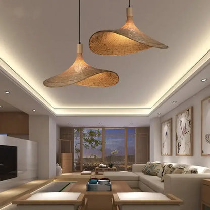 Two elegant light-brown handwoven bamboo pendant chandelier lights for living room decorbites bamboo pendant design