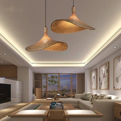 Handwoven Bamboo Straw Hat Pendant Light - Decorbites