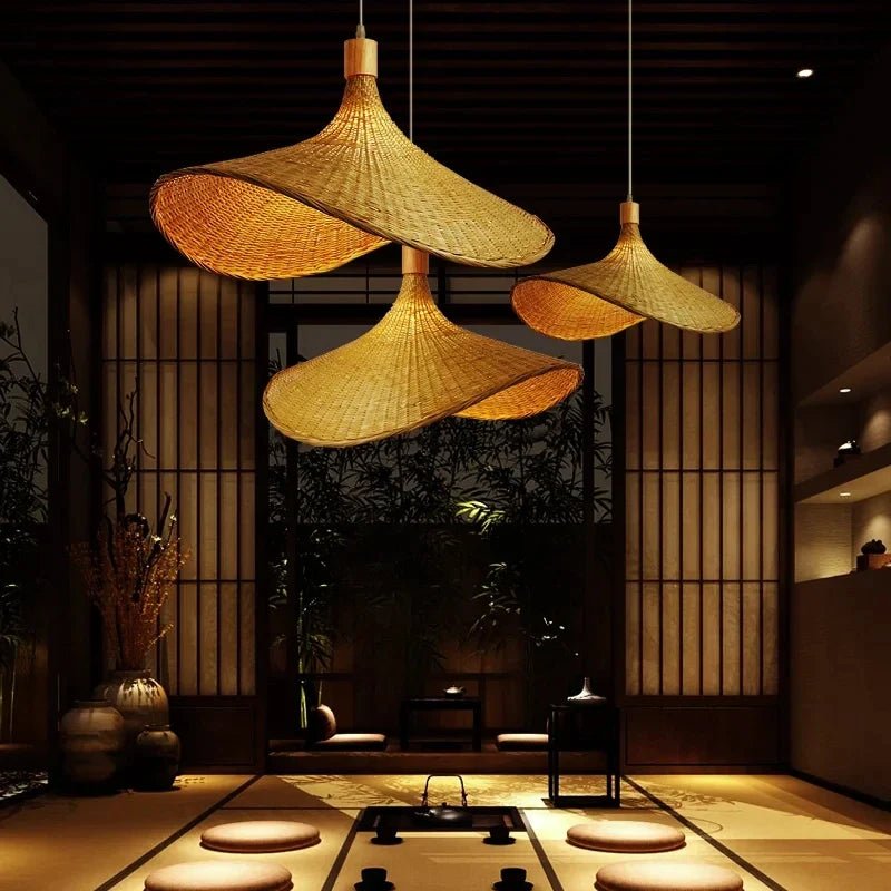 Handwoven Bamboo Straw Hat Pendant Light - Decorbites