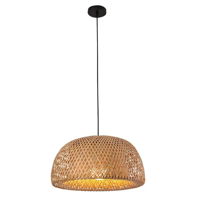 Handwoven beige tone bamboo pendant light with geometric lattice design and black metal suspension for dining room