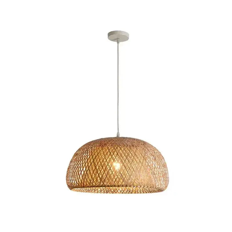 Handwoven beige tone bamboo dome pendant light with natural materials and white ceiling fixture for dining room