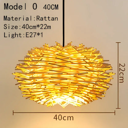 Golden handwoven rattan pendant light with a woven spherical design for dining room use