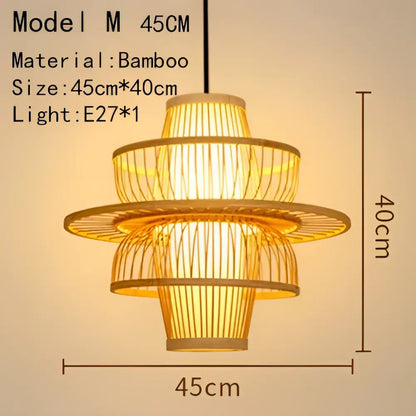 Handwoven black woven pendant light with tiered bamboo design and warm golden illumination for dining room use
