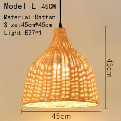 A warm-toned handwoven rattan pendant light with a 45cm woven conical design and e27 bulb socket for dining room