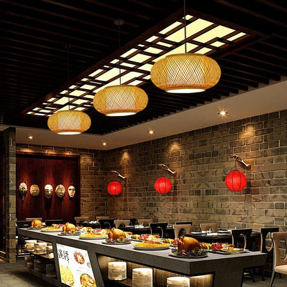 Handwoven Rattan Bamboo Pendant Light in Black - Decorbites