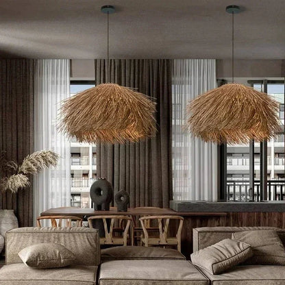 Handwoven Wicker Pendant Light in Natural Straw Shade - Decorbites