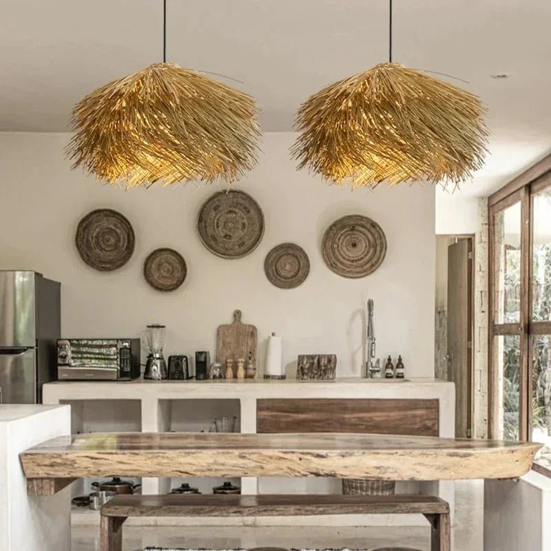 Handwoven Wicker Pendant Light in Natural Straw Shade - Decorbites