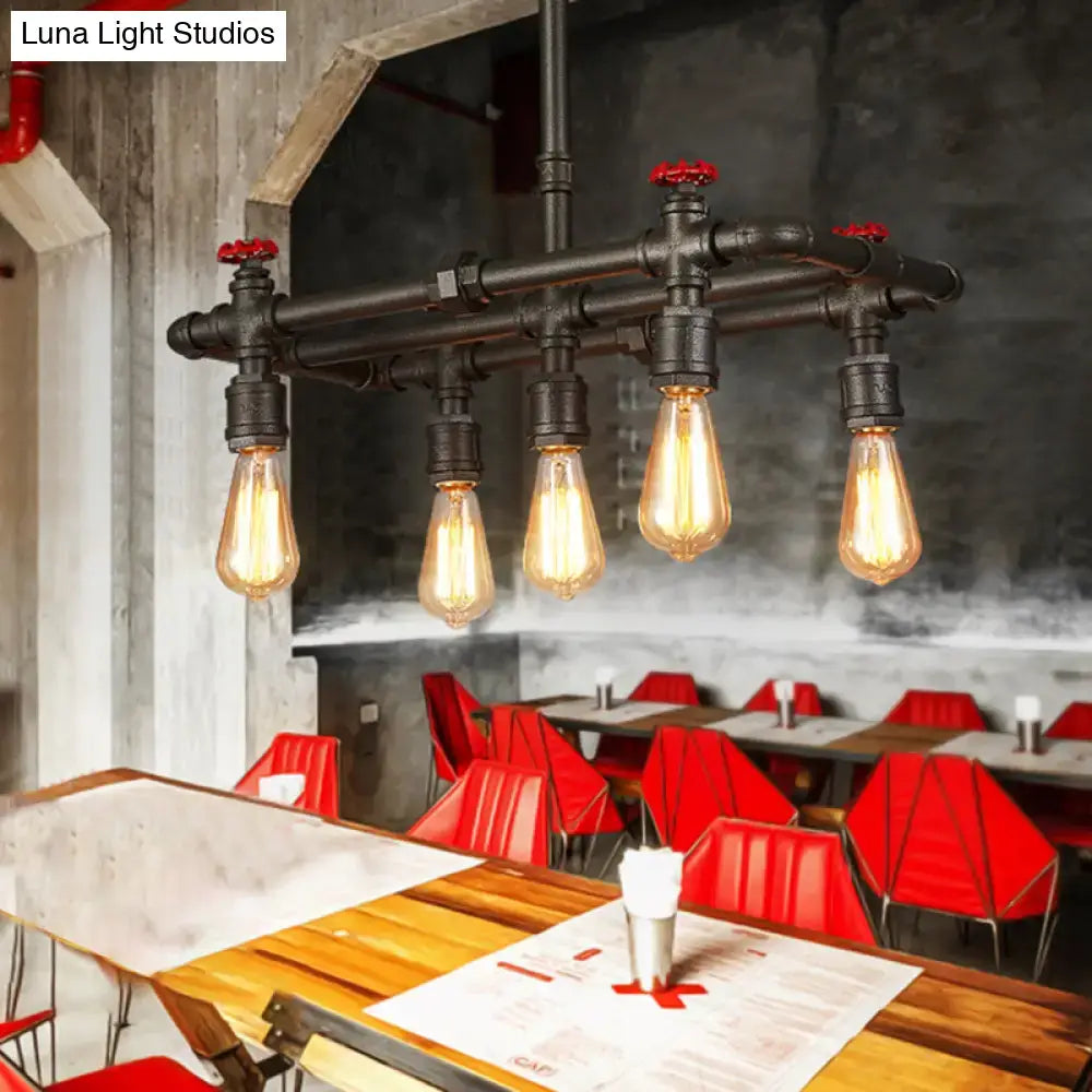 Decorbites black finish hanging ceiling light with industrial black pipe frame red valve caps and exposed filament bulbs