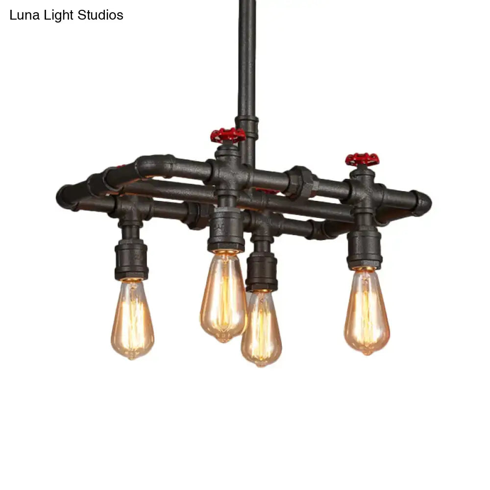 Decorbites black finish hanging ceiling light with industrial black pipe frame, red valve accents, and four filament bulbs